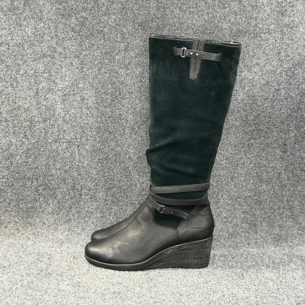 UGG Lesley Wedge Knee High Boots Women's 9 Black Suede Leather Tall Strap Buckle